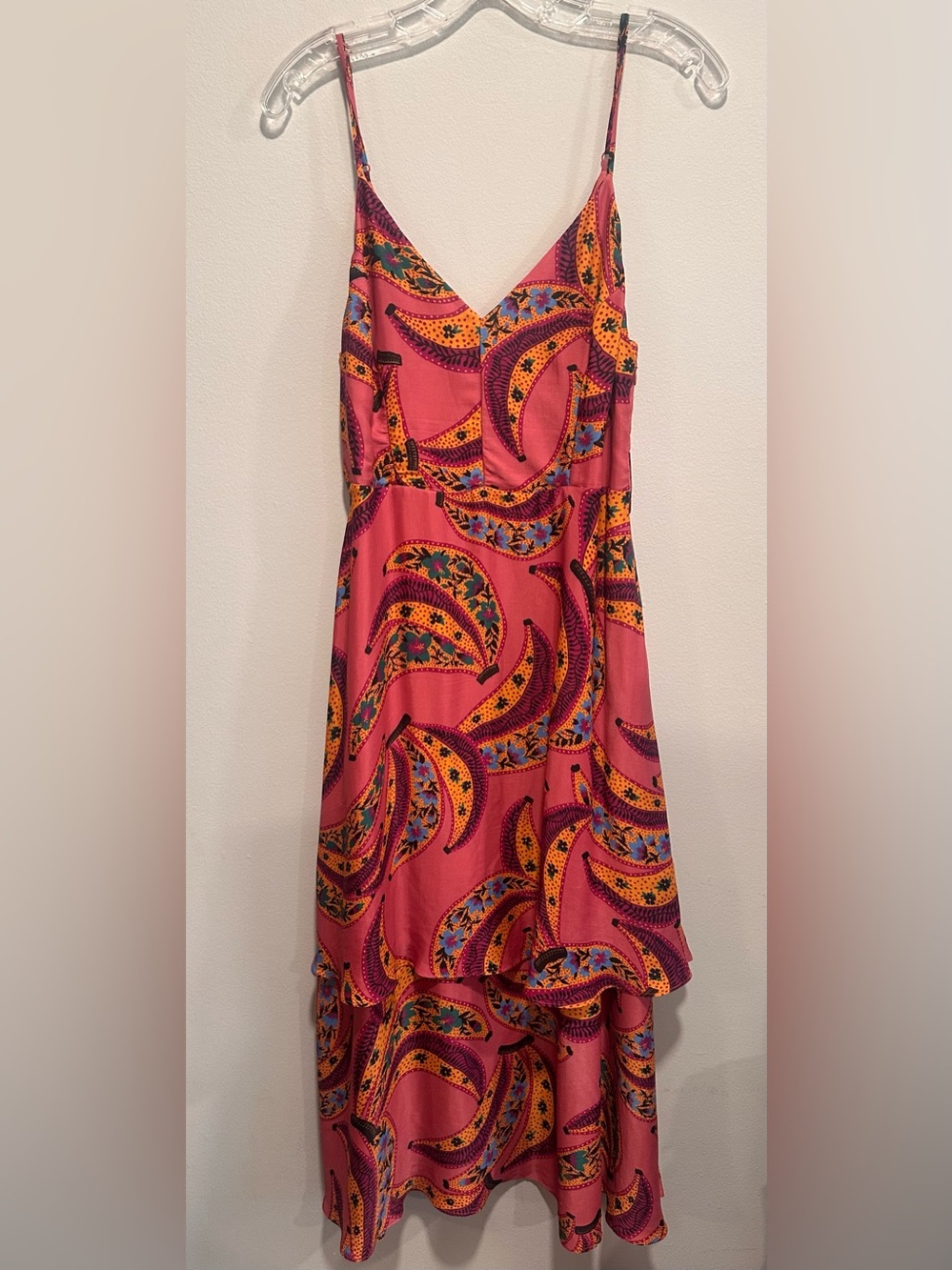 Farm Rio Pink Banana Flower Midi 
Dress S Tiered Boho Tropical 49” 
Long Midi